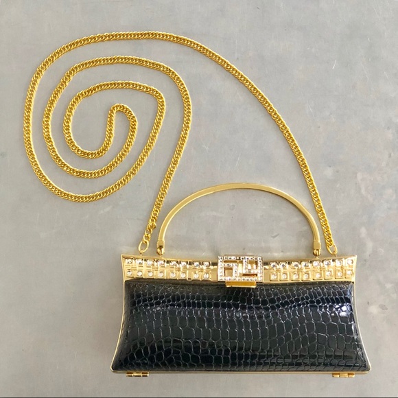 Black & Gold Croc Print Evening Bag - Picture 1 of 11